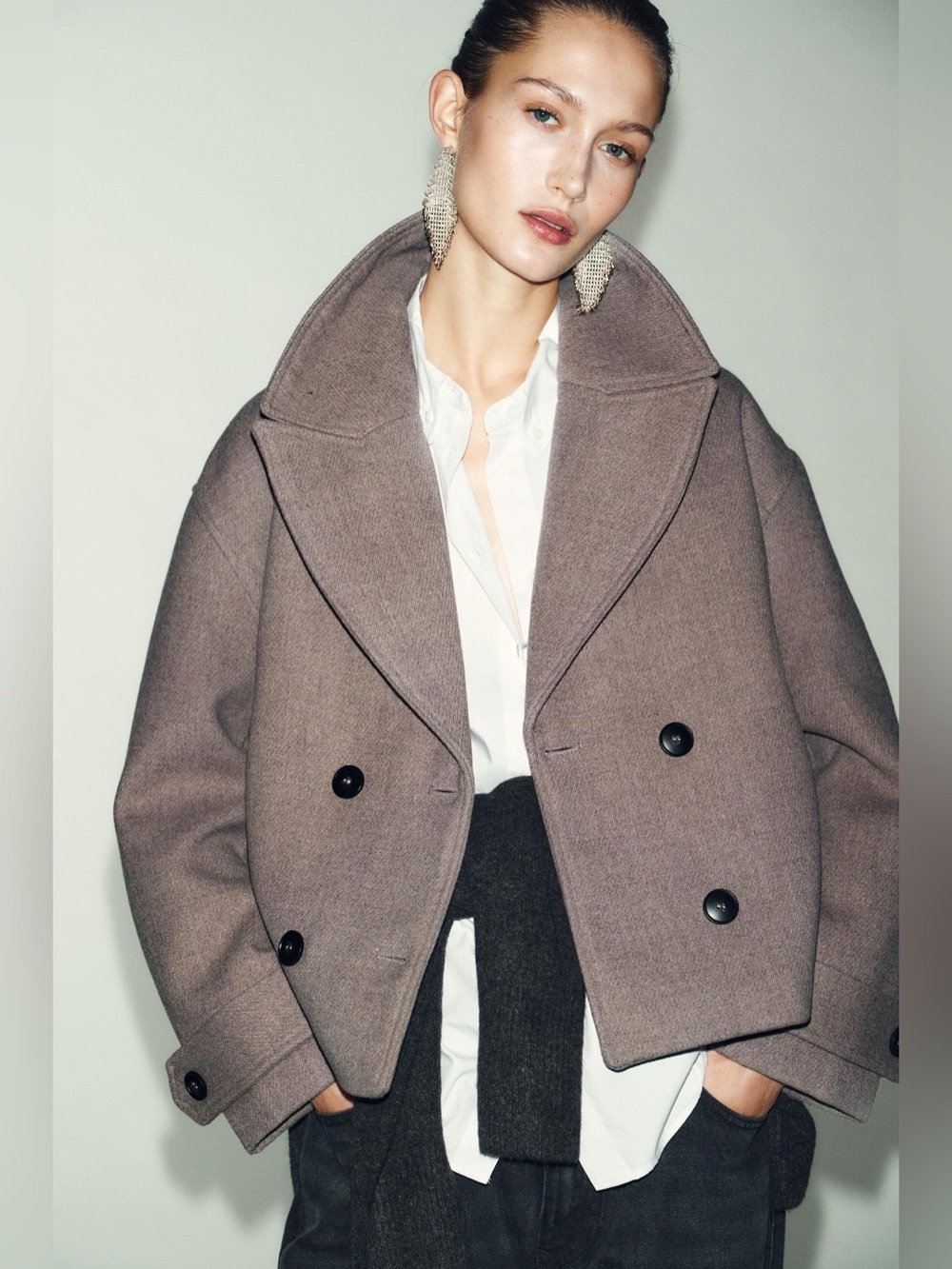 Double-Breasted Cropped Coat - Taupe/Mink